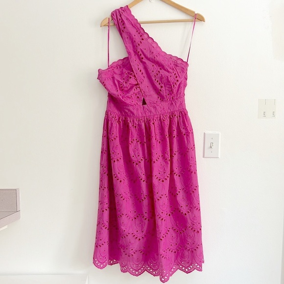 French Connection Appelona One Shoulder Cut-Out Midi Dress Pink Eyelet NWOT - Picture 5 of 16